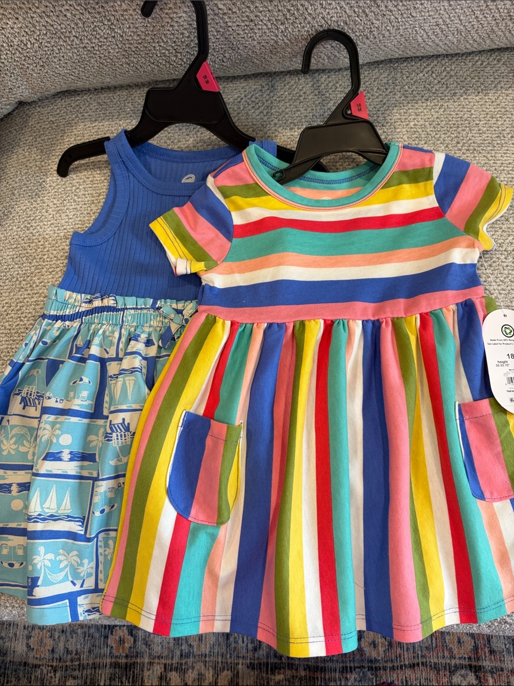 Lot of 2 NWT wonder nation multicolor dresses. 18 months.